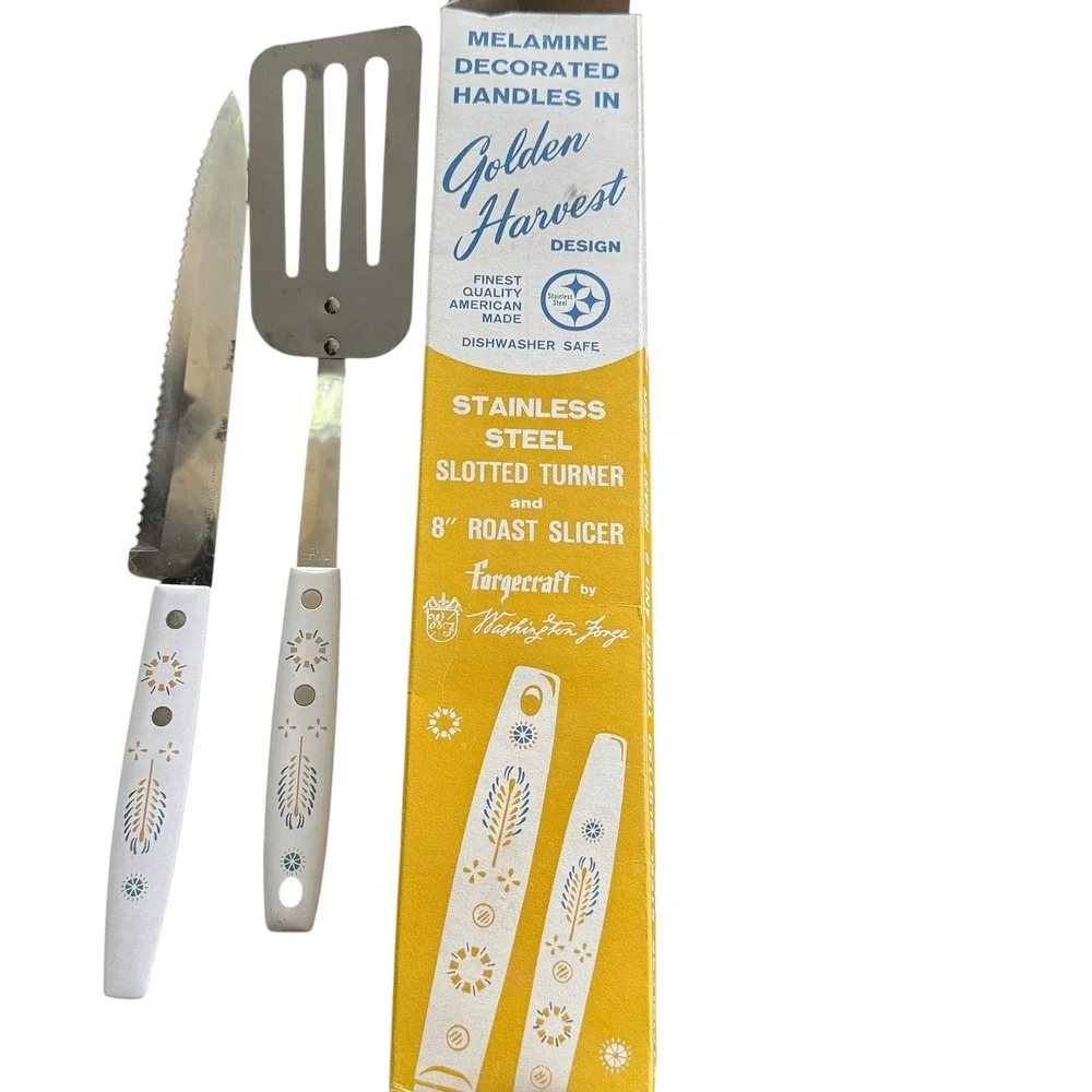 Vintage Forgecraft Golden Harvest Stainless Steel Kitchen Utensil Set with Rack